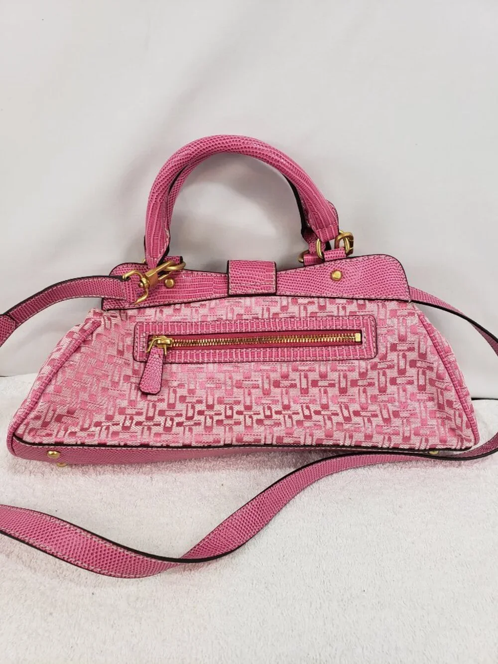 GUESS Pink Signature Satchel with Reptile Trim & Gold Hardware